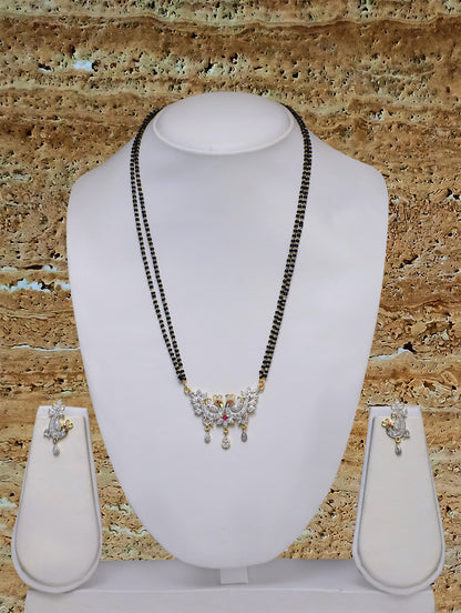 Digital Dress Room Short Mangalsutra Designs Gold Plated Latest American Diamond Peacock Pendant 19 Inches Mangalsutra & Earrings