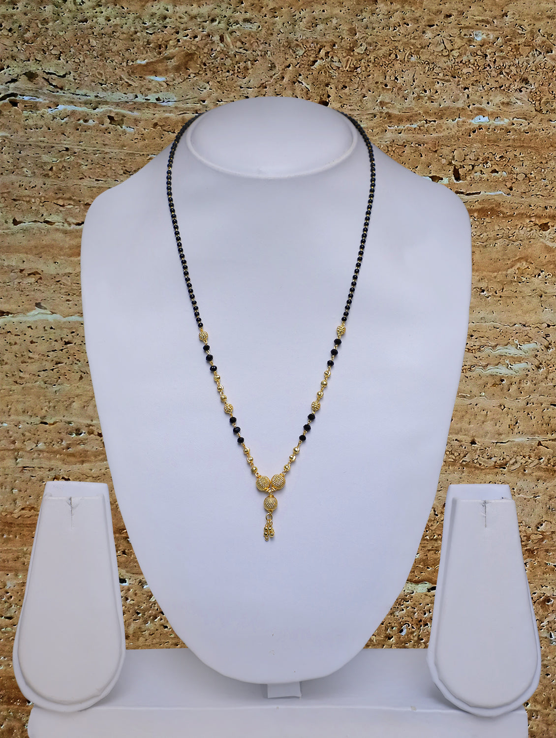 Digital Dress Room Short Mangalsutra Designs Gold Plated Latest Black Bead 3 Golden Mani Latkan 18 Inches Mangalsutra