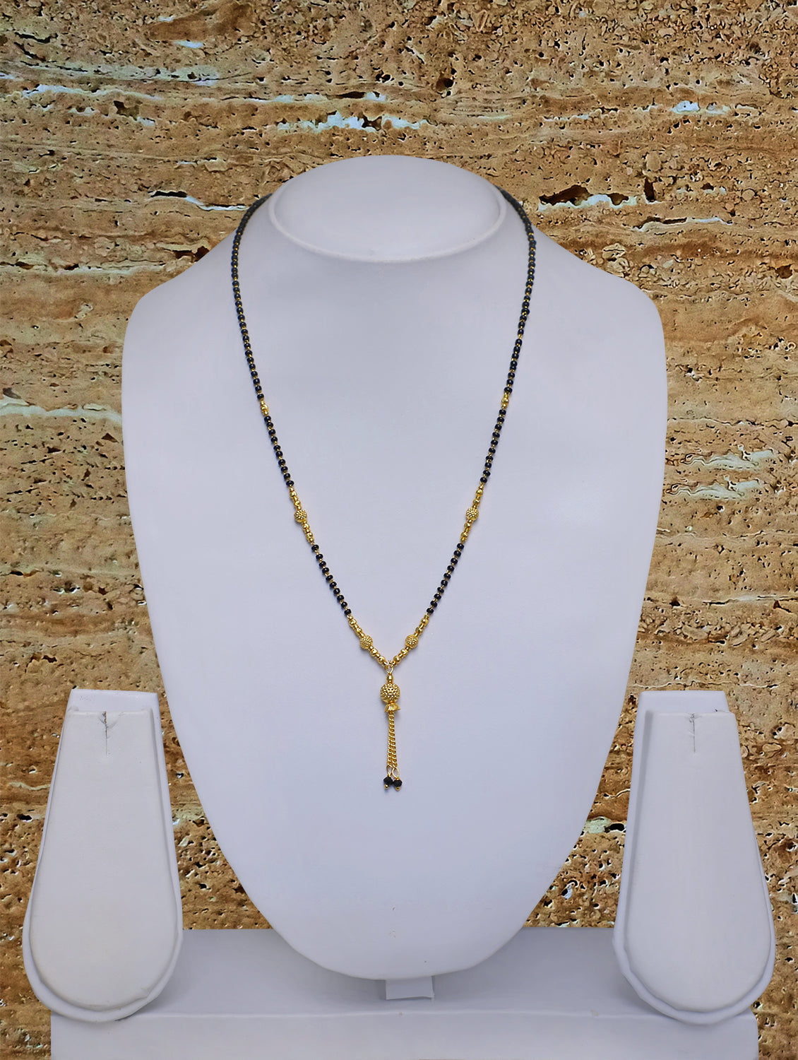 Digital Dress Room Short Mangalsutra Designs Gold Plated Latest Black Bead Golden Mani Latkan 18 Inches Mangalsutra
