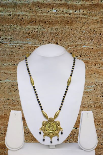 Digital Dress Room Long Mangalsutra Designs Gold Plated Latest Big Crystal Black Beads Chain Lord Ganesha Pendant Oxidized 30 Inches Mangalsutra