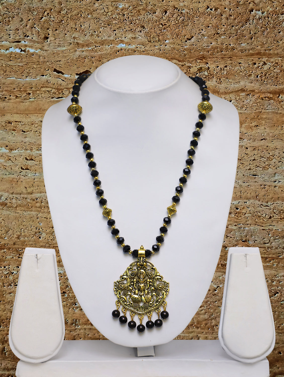 Digital Dress Room Long Mangalsutra Designs Gold Plated Latest Big Crystal Black Beads Chain Laxmi Pendant Oxidized 28 Inches Mangalsutra