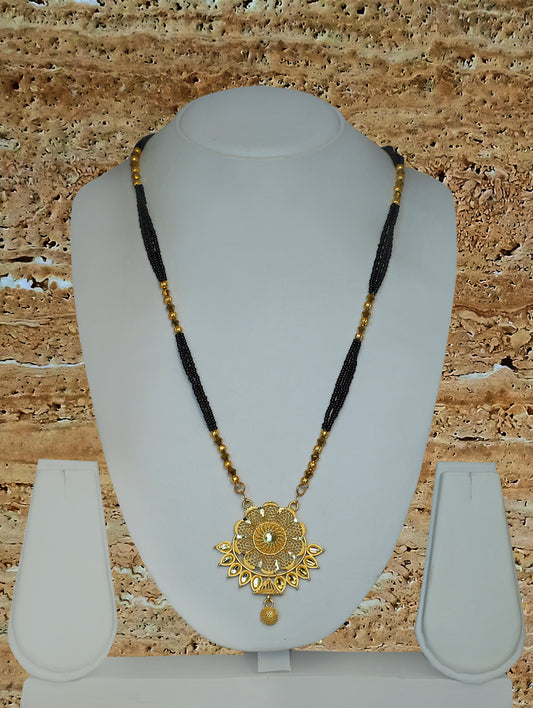 Antique Long Mangalsutra Tribal Floral/Drop Ingraved Design Gold Plated Gold/Black Beads (33 Inches)