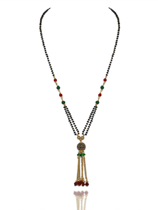 Short Mangalsutra Design Gold Plated CZ Diamond Red/Green Crystal Beads Latkan Pendant (22 Inches)