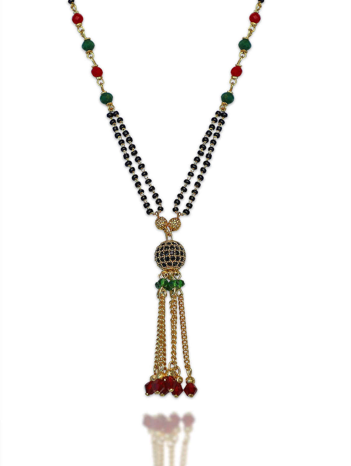 Short Mangalsutra Design Gold Plated CZ Diamond Red/Green Crystal Beads Latkan Pendant (22 Inches)