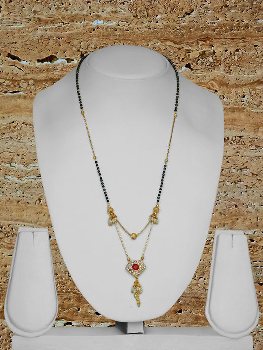 Diamond Pattern Short Mangalsutra Designs Red Stone Studded Gold Plated with Moti Latkan (24 Inches)