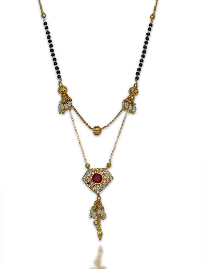 Diamond Pattern Short Mangalsutra Designs Red Stone Studded Gold Plated with Moti Latkan (24 Inches)