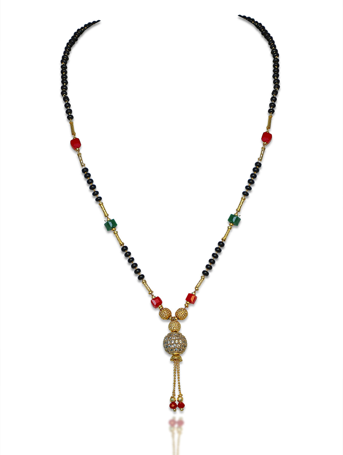 Short Mangalsutra Designs Ball Shape AD Pendant Gold Plated Red Green Beads with Latkan (20 Inches)