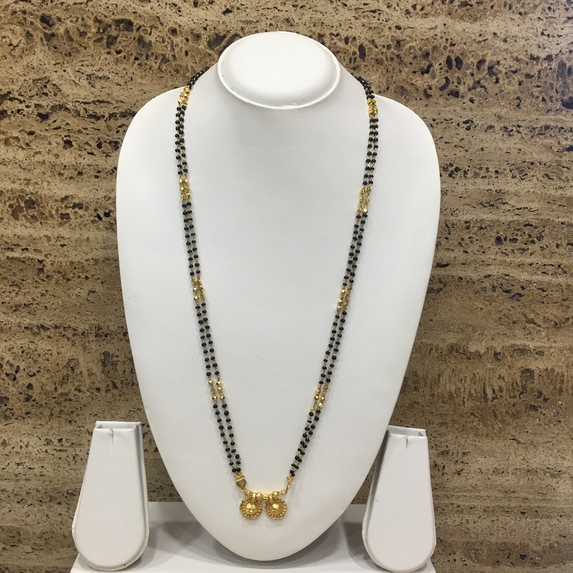 Digital Dress Room Long Mangalsutra Designs Gold Plated Latest 2 Vati Pendant Black & Gold Beads 2 Layer Mangalsutra