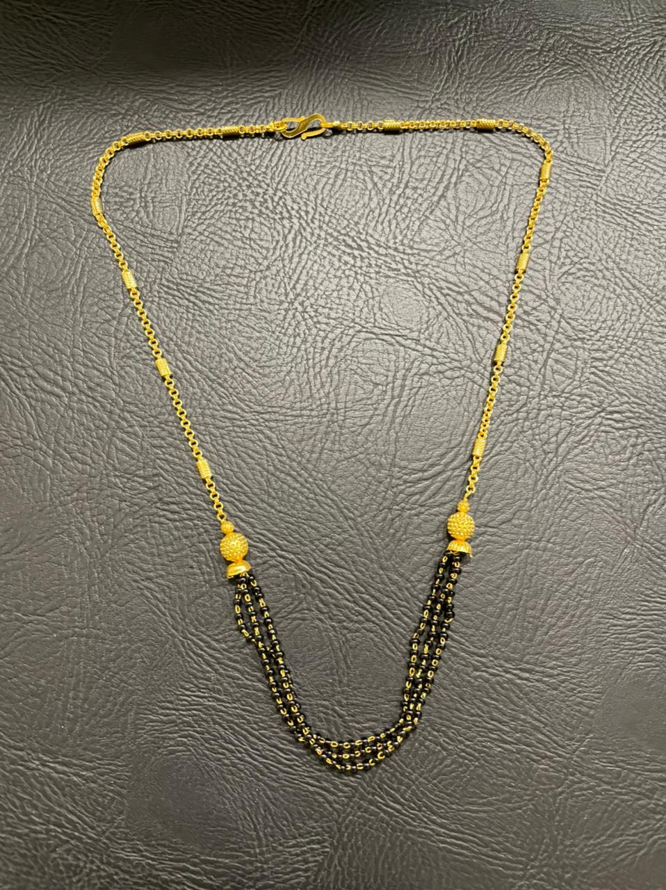 Latest Short Mangalsutra Designs 3 Strands Layered Pattern Gold Plated Black Gold Beads (17 Inches)