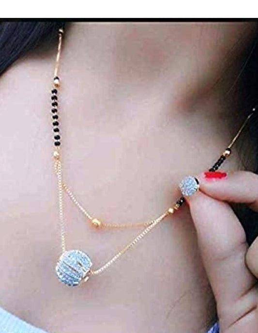 Short Mangalsutra Designs Gold Plated Latest American Diamond Round Pendant Mangalsutra & Earrings