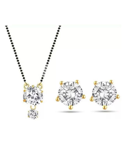 Short Mangalsutra Designs Gold Plated Latest American Diamond Round Pendant Mangalsutra & Earrings