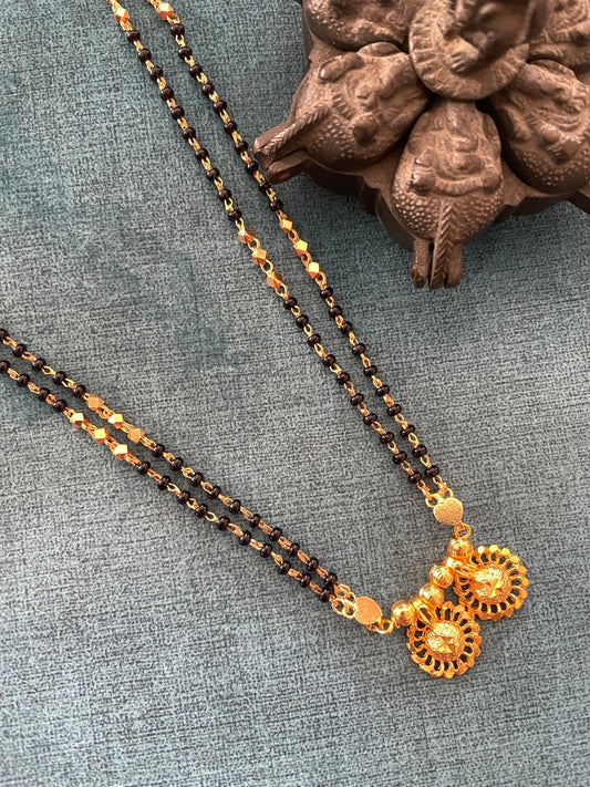 Long Mangalsutra Designs Gold Plated Latest 2 Vati Pendant Black & Gold Beads 2 Layer Mangalsutra
