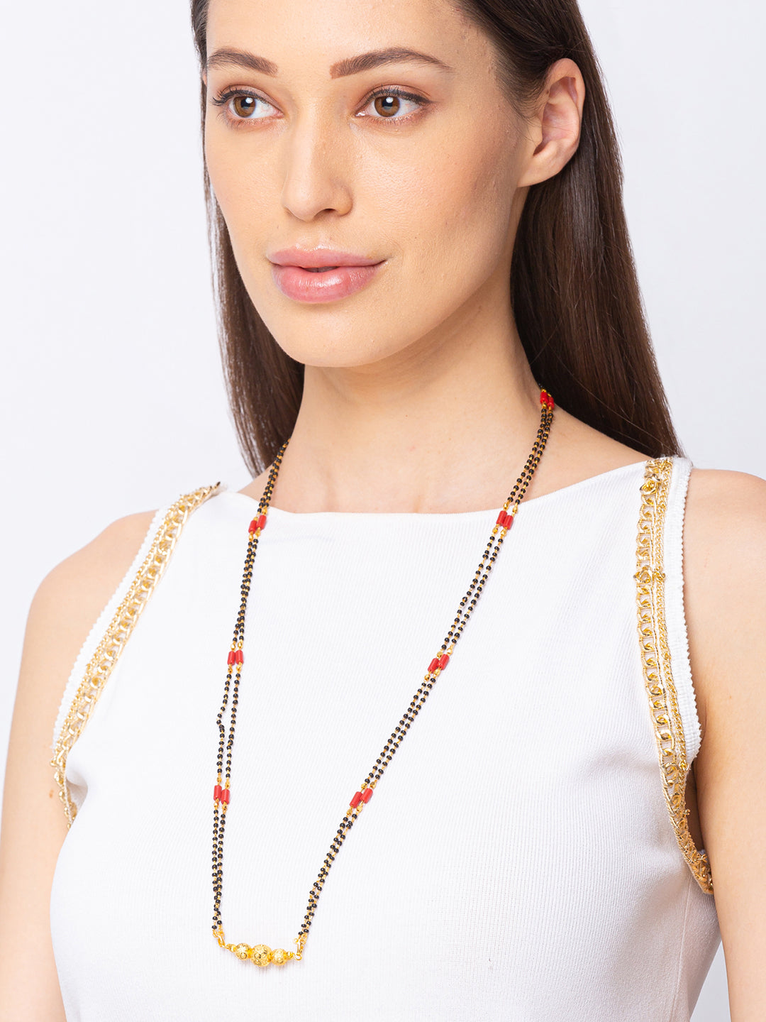 Digital Dress Room Digital Dress Room One Gram Gold Plated Long Mangalsutra मंगलसूत्र Latest Design Tanmaniya/Long Gold Chain/Black Red Beads New Mangalsutra Designs For Women (30 Inches) 