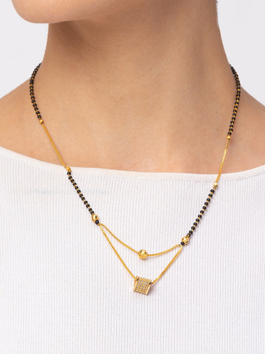 Digital Dress Room Digital Dress Room Diamond Gold Plated Short Mangalsutra मंगलसूत्र Latest Design/Cz Solitaire/Black Beads Chain Triangle Shape Pendant New Mangalsutra Designs For Women (19 Inches)