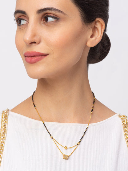 Digital Dress Room Digital Dress Room Diamond Gold Plated Short Mangalsutra मंगलसूत्र Latest Design/Cz Solitaire/Black Beads Chain Triangle Shape Pendant New Mangalsutra Designs For Women (19 Inches)