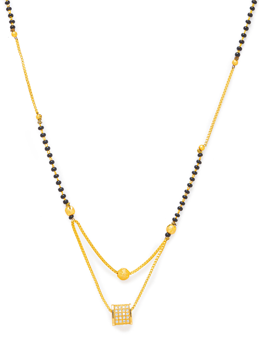 Digital Dress Room Digital Dress Room Diamond Gold Plated Short Mangalsutra मंगलसूत्र Latest Design/Cz Solitaire/Black Beads Chain Triangle Shape Pendant New Mangalsutra Designs For Women (19 Inches)