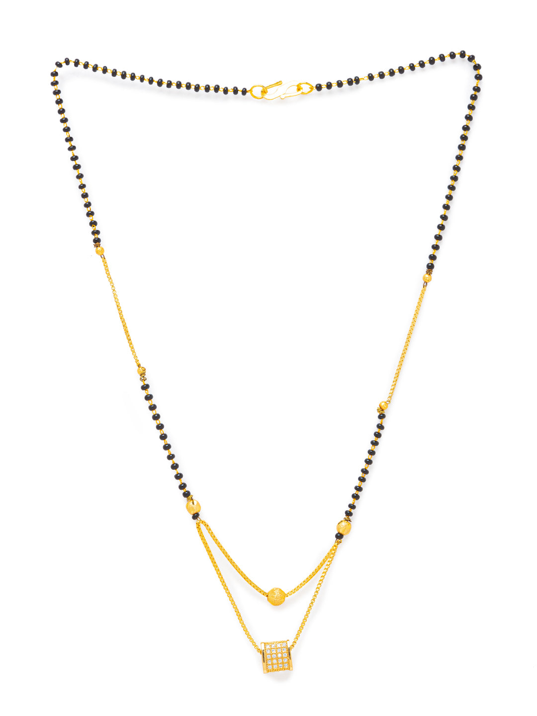 Digital Dress Room Digital Dress Room Diamond Gold Plated Short Mangalsutra मंगलसूत्र Latest Design/Cz Solitaire/Black Beads Chain Triangle Shape Pendant New Mangalsutra Designs For Women (19 Inches)