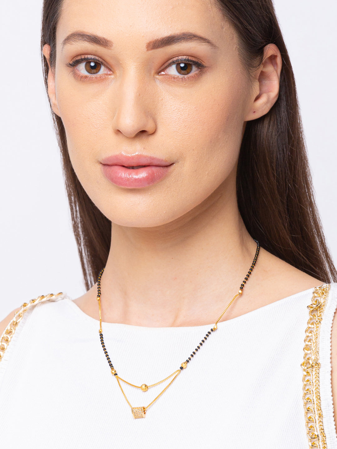 Digital Dress Room Digital Dress Room Diamond Gold Plated Short Mangalsutra मंगलसूत्र Latest Design/Cz Solitaire/Black Beads Chain Triangle Shape Pendant New Mangalsutra Designs For Women (19 Inches)