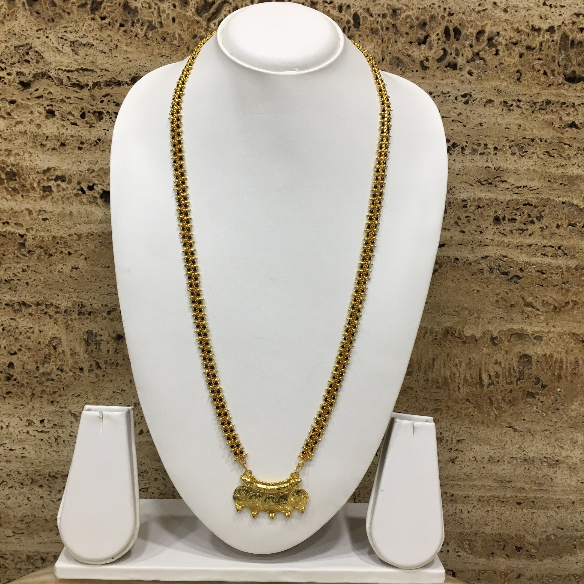 Digital Dress Room Long Mangalsutra Designs Gold Plated Latest 5 Lakshmi (Laxmi) Coin Pendant Gold Chain Mangalsutra