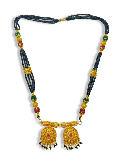 Short Mangalsutra Designs Gold Plated Maharashtrian Style Vati Pendant Latkan with Multicolor Beads