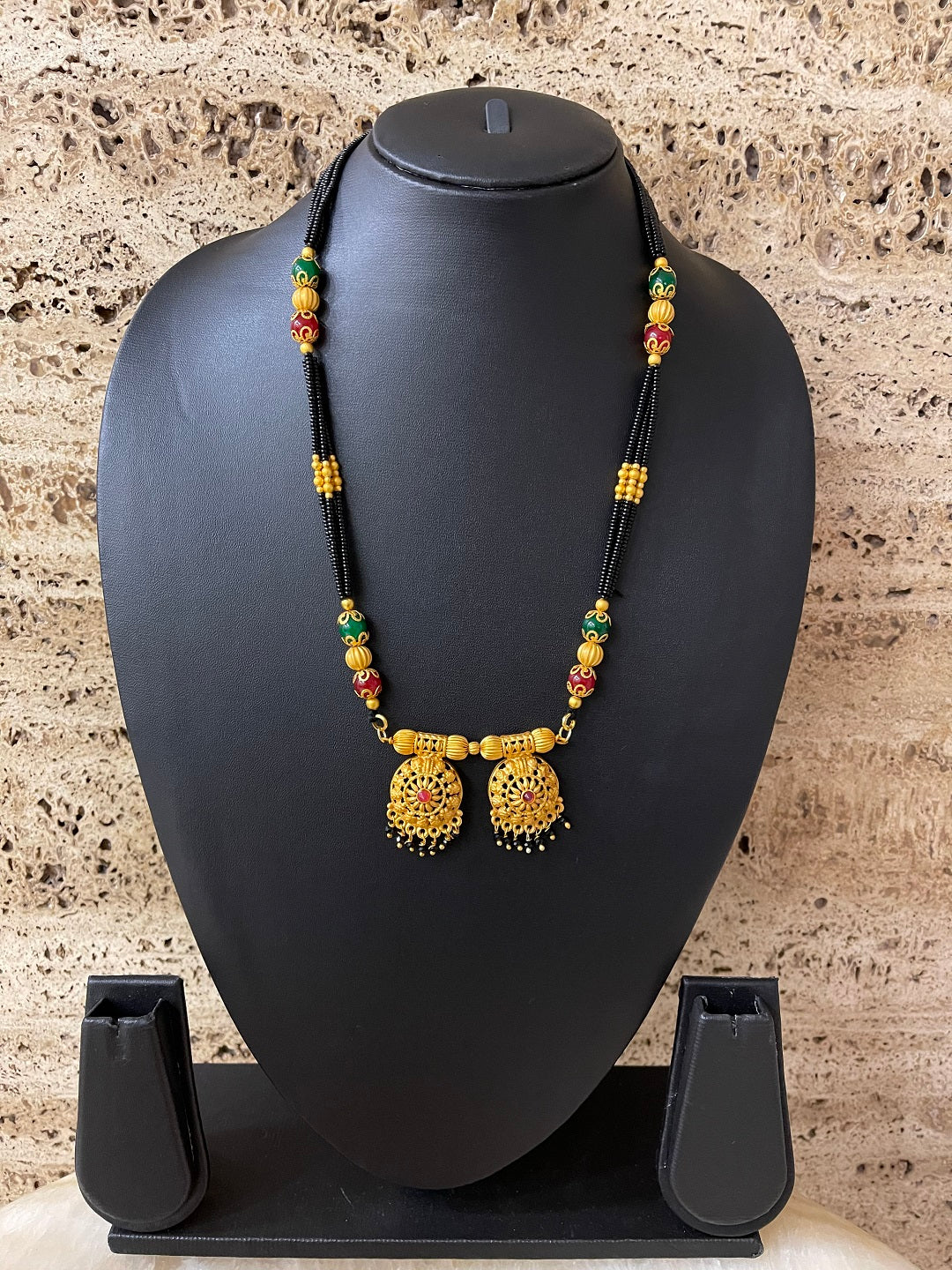 Short Mangalsutra Designs Gold Plated Maharashtrian Style Vati Pendant Latkan with Multicolor Beads