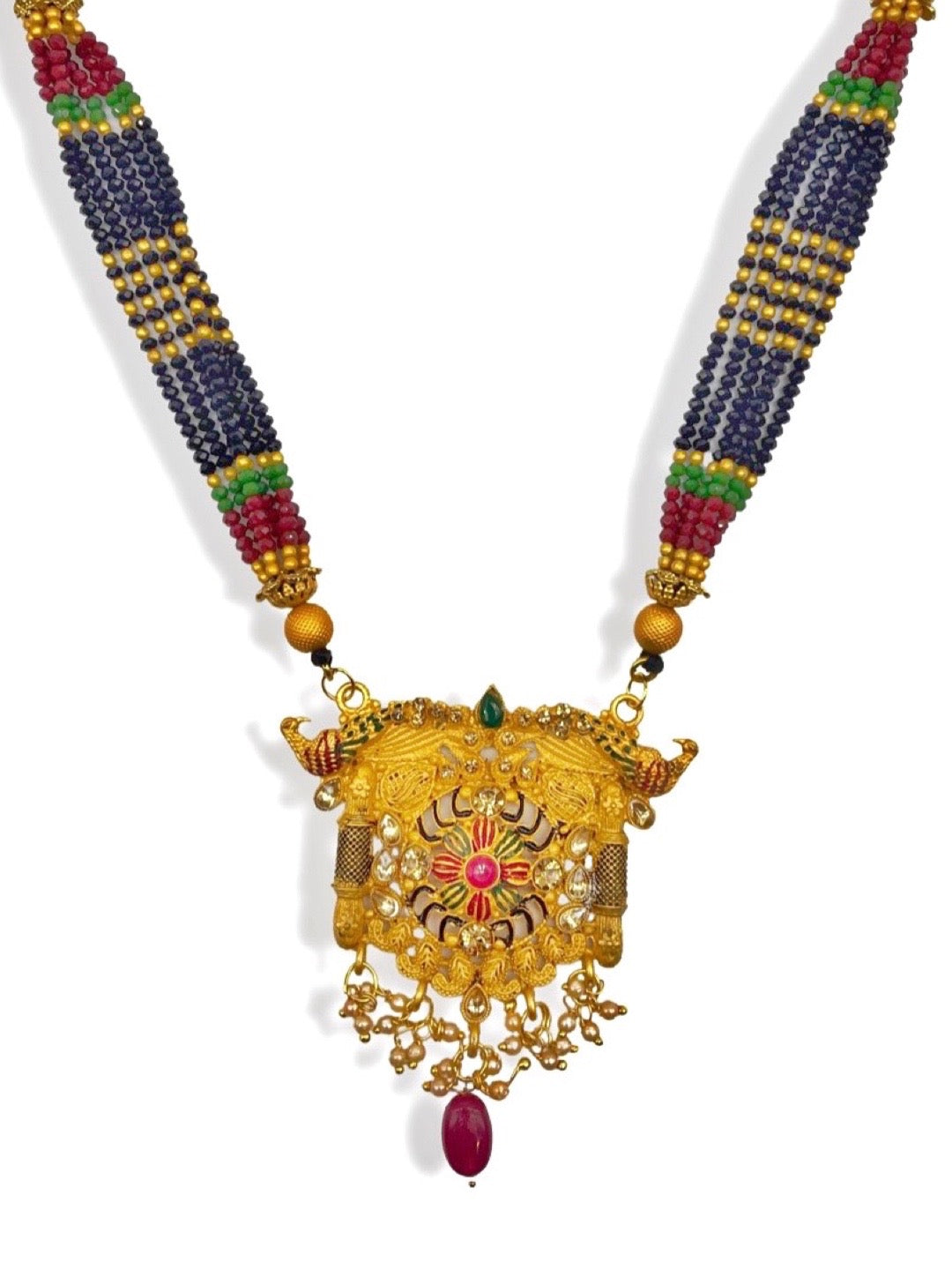 Long Mangalsutra Designs Gold Plated Stone Studded Peacock Shape Pendant with Pearls & Crystal Beads