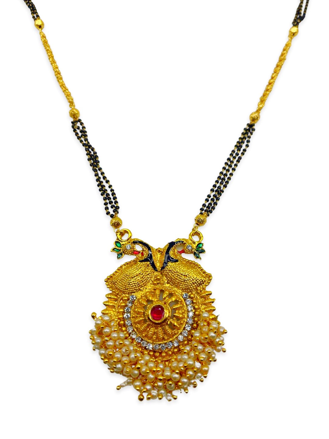 Long Mangalsutra Designs heavy gold mangalsutra Peacock shape pendant with Pearls black beads chain