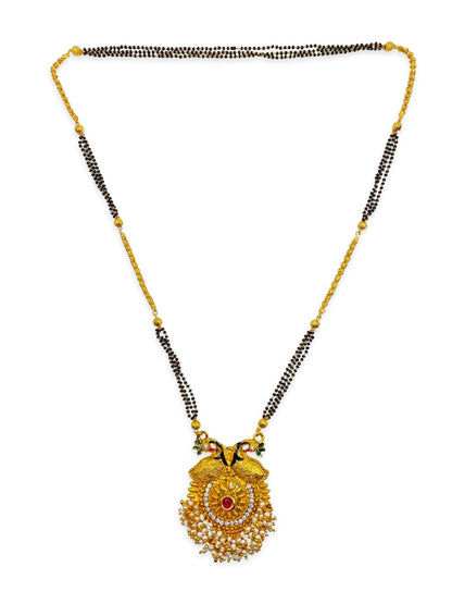 Long Mangalsutra Designs heavy gold mangalsutra Peacock shape pendant with Pearls black beads chain