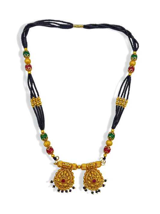 Short Mangalsutra Designs Gold Plated Stone Studded Vati Pendant with Multi Strands & Coloured Beads