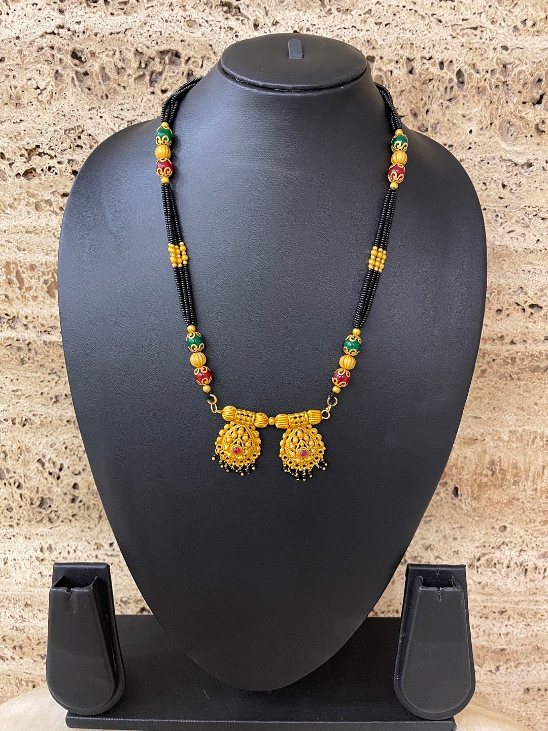 Short Mangalsutra Designs Gold Plated Stone Studded Vati Pendant with Multi Strands & Coloured Beads