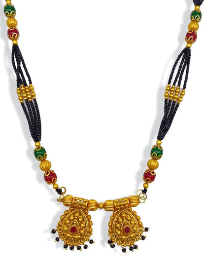 Short Mangalsutra Designs Gold Plated Stone Studded Vati Pendant with Multi Strands & Coloured Beads