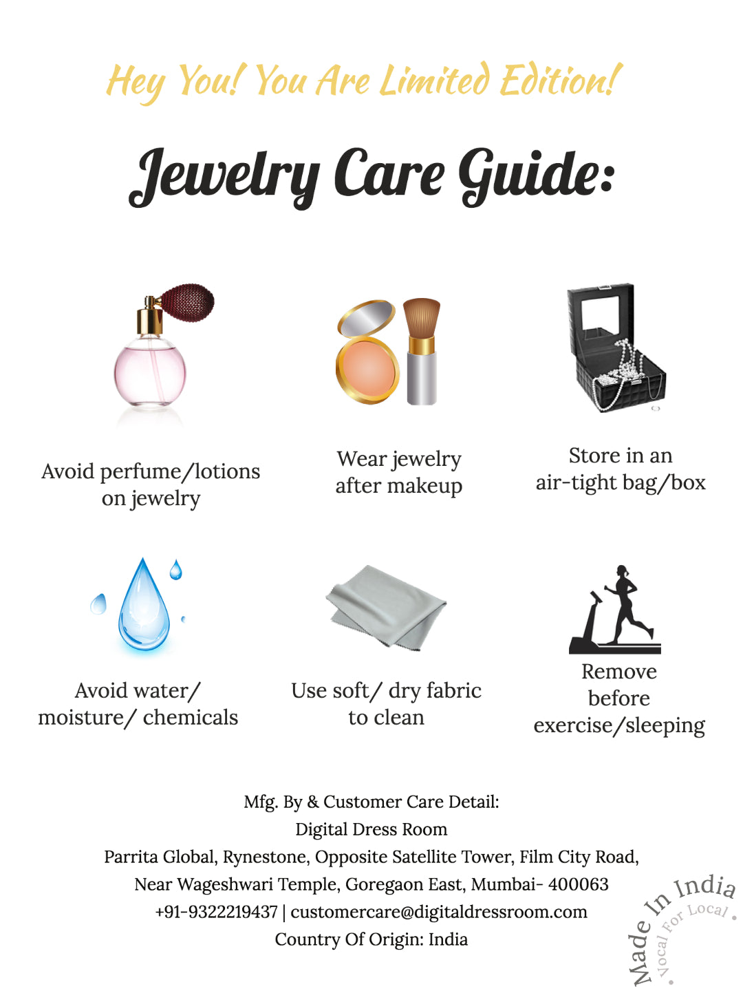 Jewellery care instructions, Jewellery care tips, Jewellery care card, Jewellery care Guide, Jewelry care instructions guide