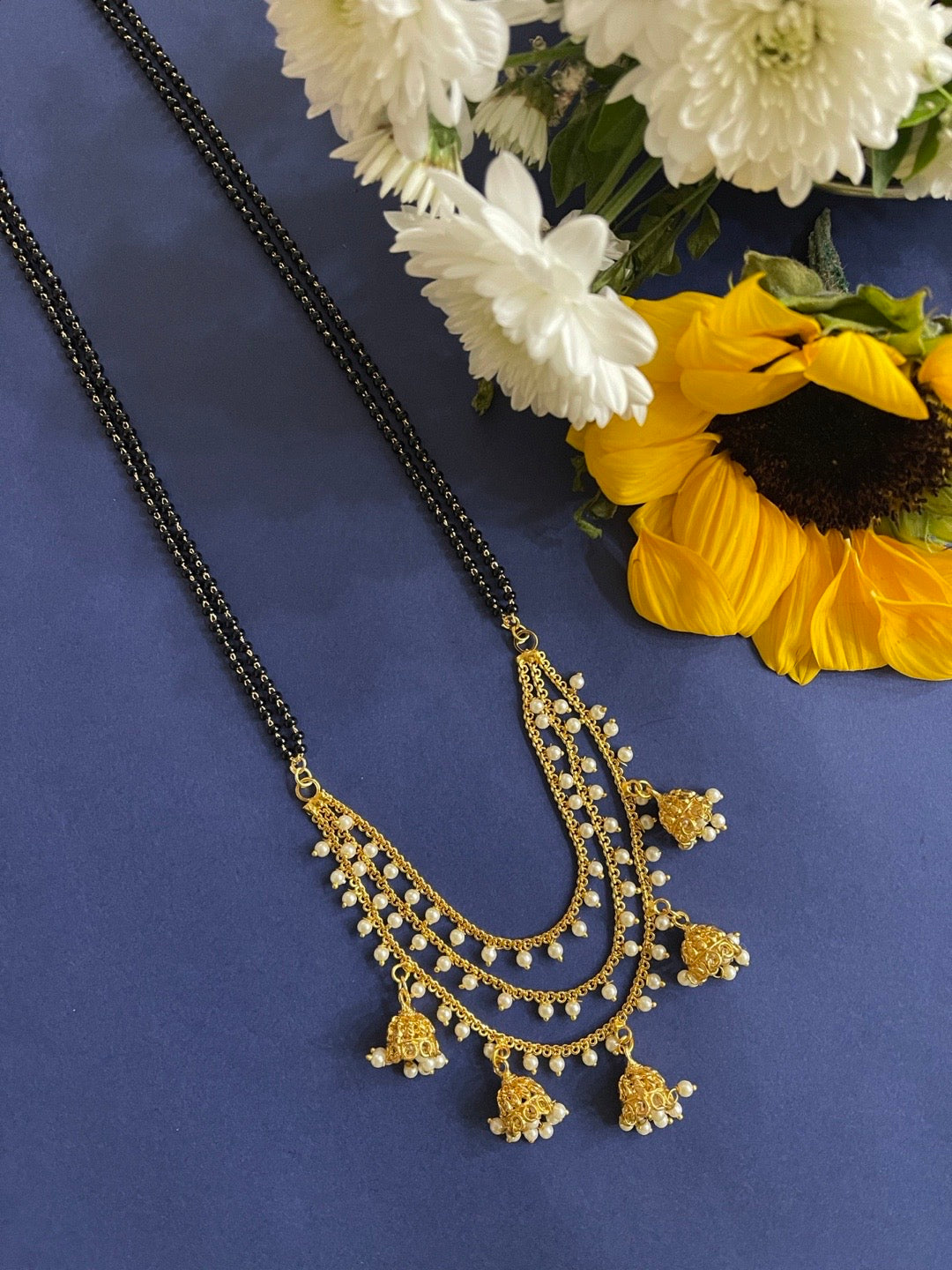 Simple Modern Long Mangalsutra Designs Layered Jhumka Style Latkan With Double Layer Black Beads Chain