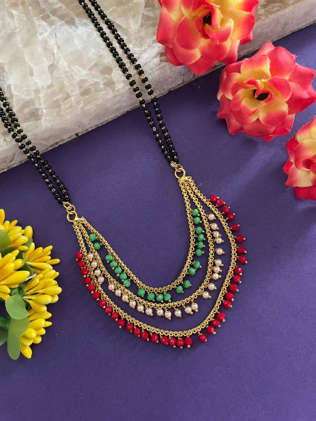 Gold Plated Long Mangalsutra Designs Fancy Multicolor Black Beads Chain Latest Unique Designs