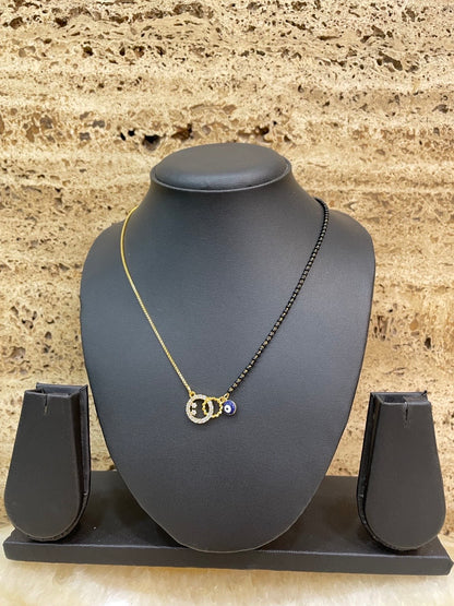 Gold Plated Modern Short Mangalsutra With AD Pendent & Dark Blue Evil Eye Charm