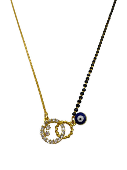 Gold Plated Modern Short Mangalsutra With AD Pendent & Dark Blue Evil Eye Charm