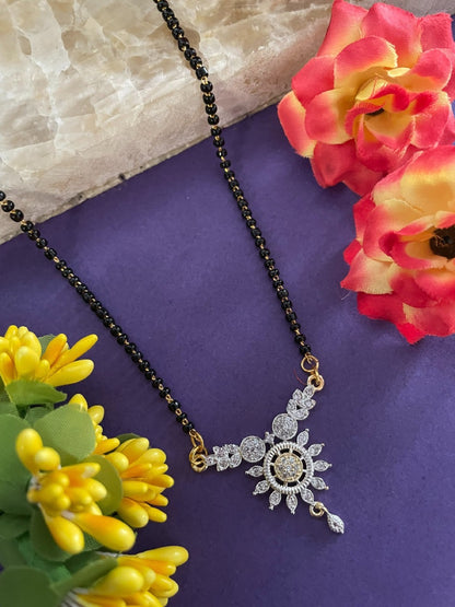 Gold Plated Short Mangalsutra Designs AD Flower Design Black Beads Chain Latest Unique Designs