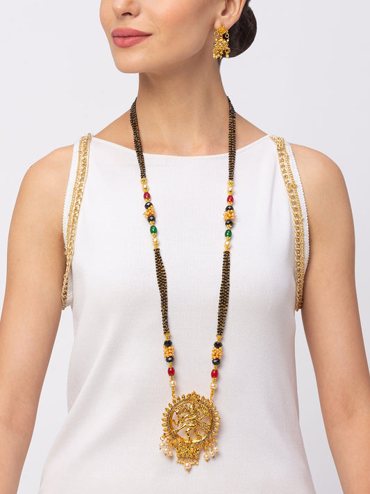 Digital Dress Room Digital Dress Room One Gram Gold Plated Maharashtrian Long Mangalsutra set with Earrings मंगलसूत्र Tanmaniya/Long Gold Chain/Black Beads Nataraja Pendant New Mangalsutra Designs For Women (43 Inches)