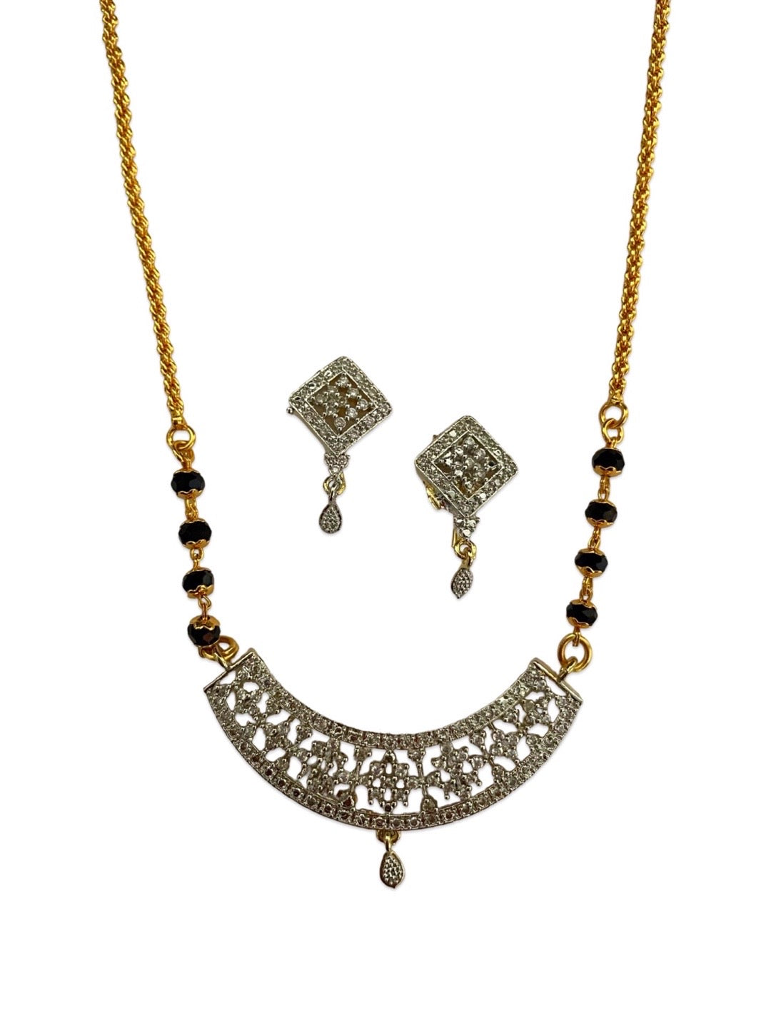 Gold Plated Long Mangalsutra With Earring Set Fancy AD Pendant Design