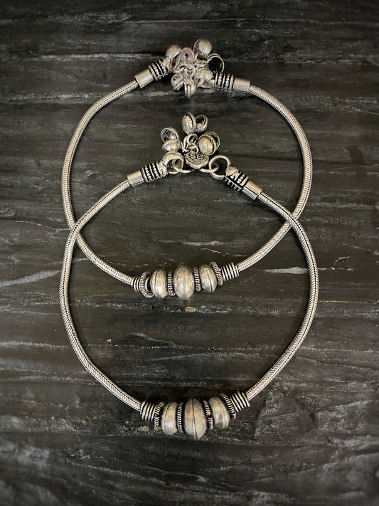 German Oxidised Silver Anklets Maharashtrian Payal Silver Plating Big Beads with Ghungroo Paijan