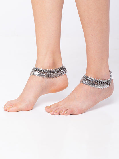 German Oxidised Silver Anklets Lotus Coin Payal Silver Plating Paijan With Ghungroo Foot Jewellery