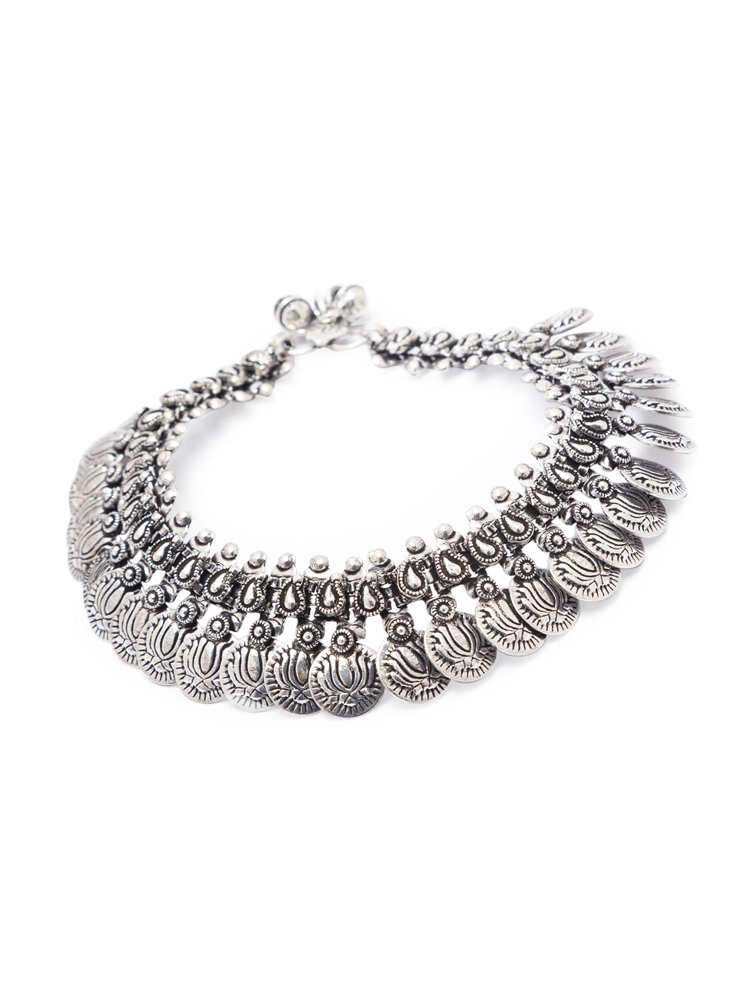 German Oxidised Silver Anklets Lotus Coin Payal Silver Plating Paijan With Ghungroo Foot Jewellery