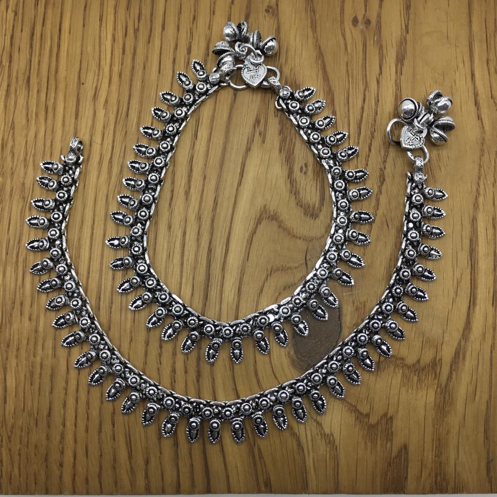 German Oxidised Silver Anklets Floral/Drop Leaf Design Payal Silver Plating Ghungroo Foot Jewellery