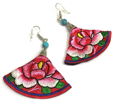 Silver Oxidized Earring with Multicolored Embroidered Floral & Beads Alloy Hook Earrings