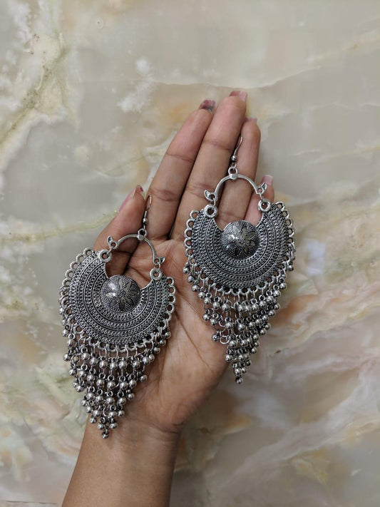 German Oxidized Afghani Silver Chand Earring Ghungroo Chandbali Jhumki Hook Earrings for Women