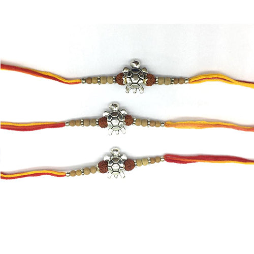 Digital Dress Room (Set of 3) Tortoise Designer Rakhi for Men Silver Plated Rudraksha Tulsi Beads Thread Rakhi