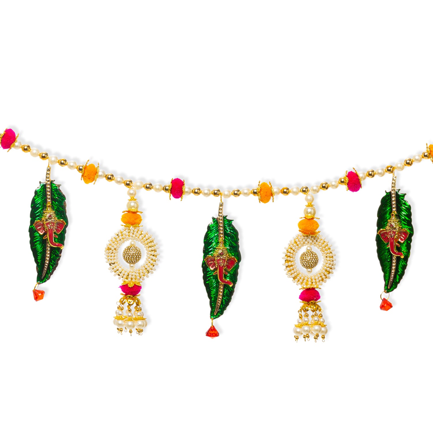Digital Dress Room Toran For Door Hangings Diwali Decoration Fancy Golden Ganesh ji Leaf Pearl with Pom Pom Balls