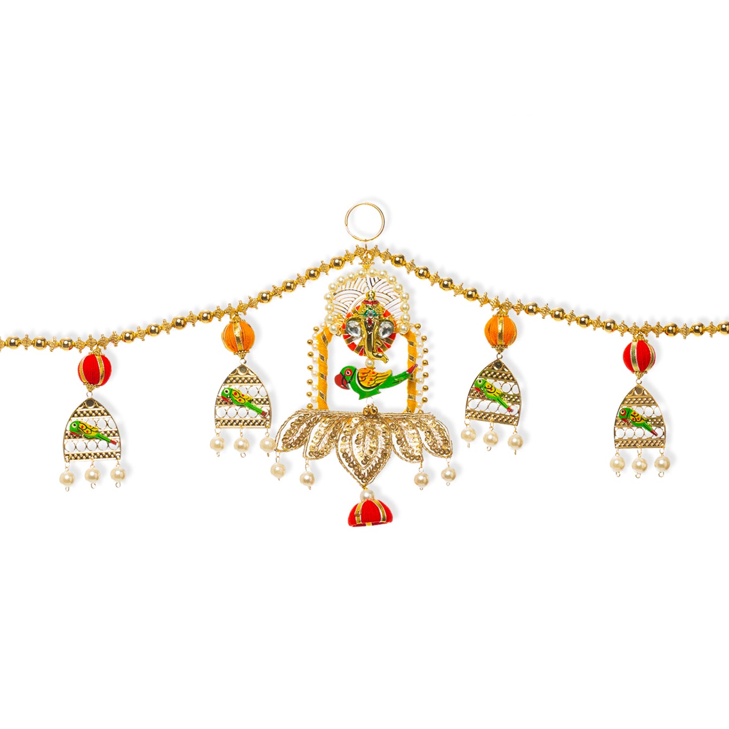 Digital Dress Room Toran For Door Hangings Diwali Decoration Golden Pearl, Ganesha & Parrots (Orange & Red)