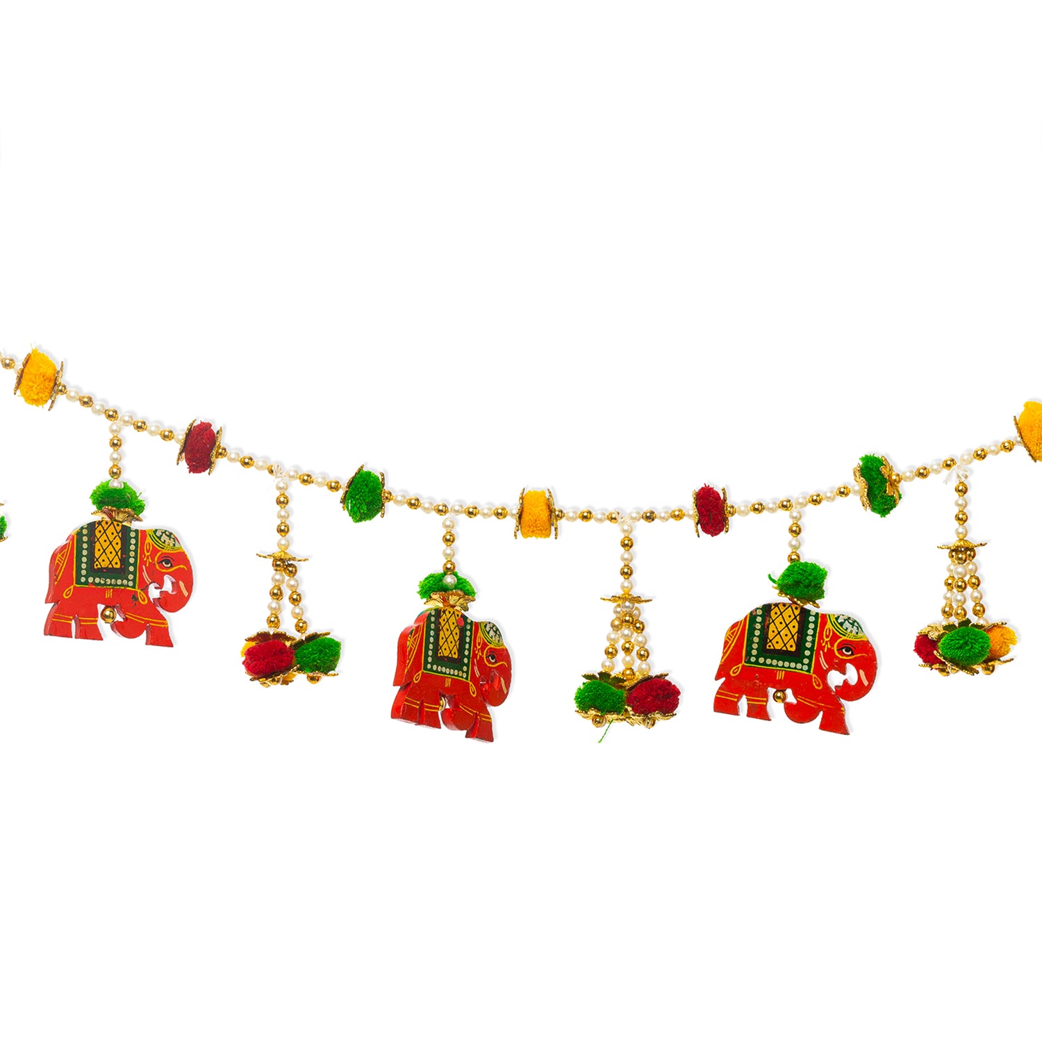 Digital Dress Room Toran For Door Hangings Diwali Decoration Golden Pearl, Pom Poms & Elephants (Orange & Red)
