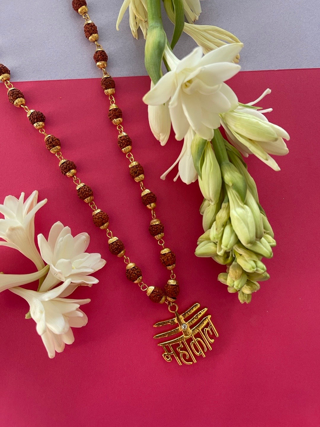 Gold-Plated Brown Beads Brass Lord Shiva Mahakal Locket Wood Pendant for Men & Women